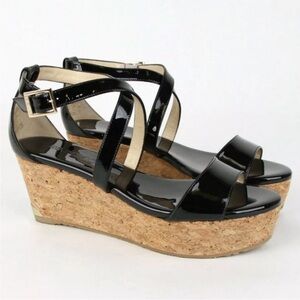 Jimmy Choo Portia 70 Black Patent Leather Wedge Sandals Size 36.5